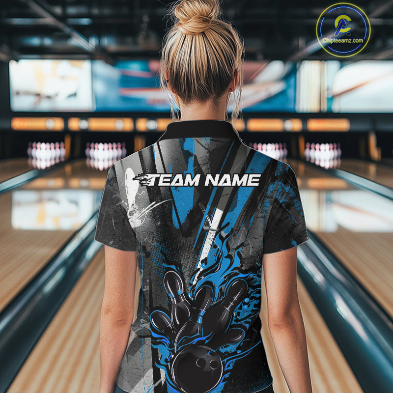 Custom Grunge Black And Blue Fire Flame Bowling Women Quarter-Zip Shirt, Bowling Uniform IPHW9556