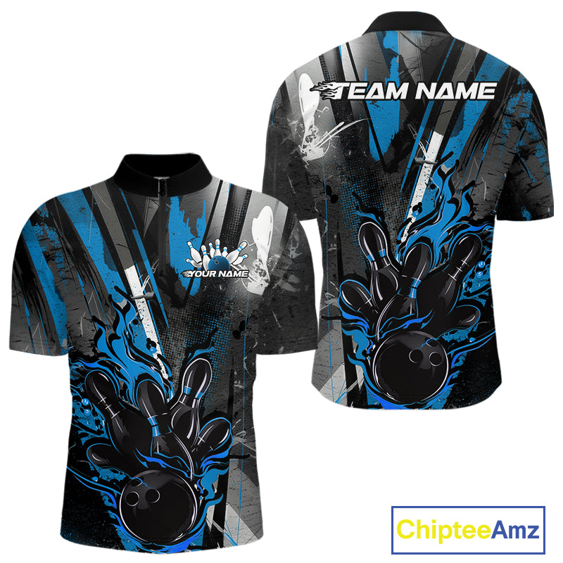 Custom Grunge Black And Blue Fire Flame Bowling Quarter-Zip Shirts For Men, Bowling Team Uniform IPHW9556