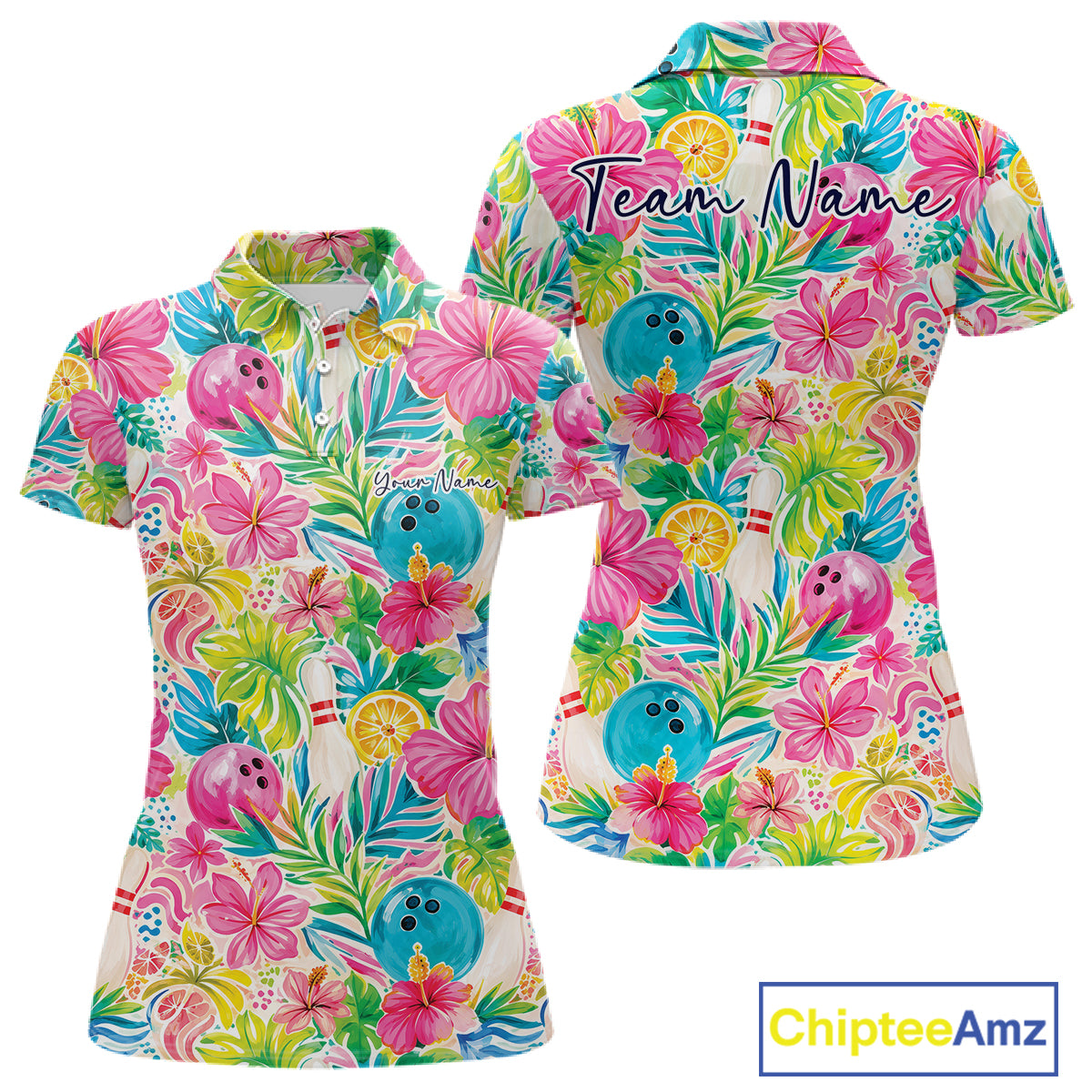 Custom Summer Tropical Flower Bowling Team Women Polo Shirts, Floral Bowling Shirt IPHW11689
