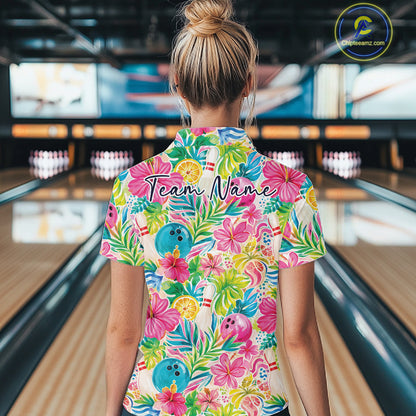Custom Summer Tropical Flower Bowling Team Women Polo Shirts, Floral Bowling Shirt IPHW11689