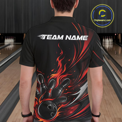 Custom Black And Red Fire Flame Bowling Men Jerseys, Bowling League Polo Shirt IPHW10308