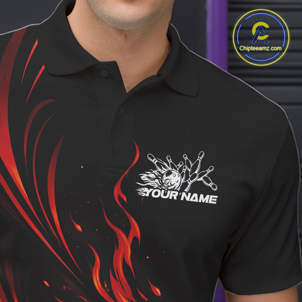 Custom Black And Red Fire Flame Bowling Men Jerseys, Bowling League Polo Shirt IPHW10308