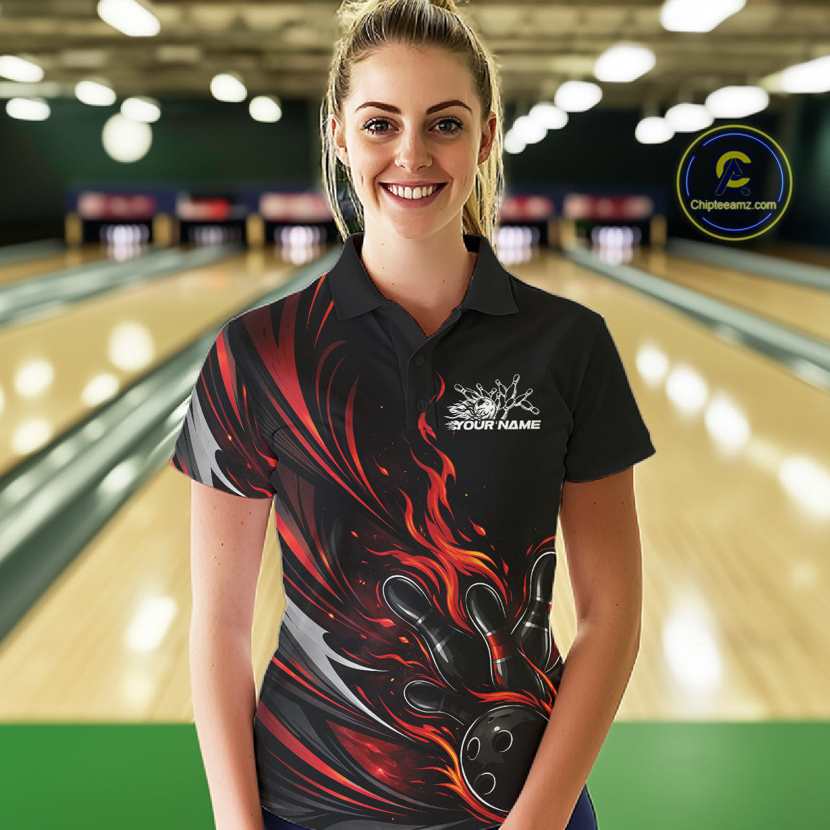 Custom Black And Red Fire Flame Bowling Women Jerseys, Bowling League Polo Shirt IPHW10308