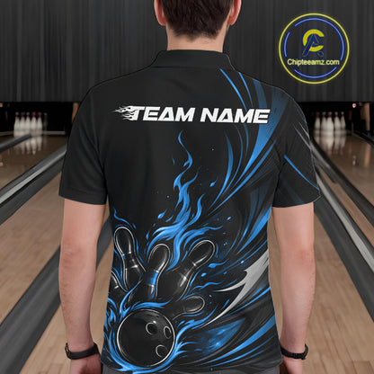 Custom Black And Blue Fire Flame Bowling Men Jerseys, Bowling League Polo Shirt IPHW10309