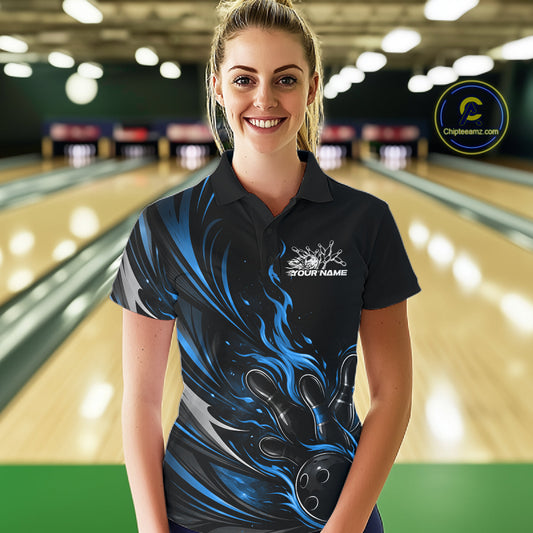 Custom Black And Blue Fire Flame Bowling Women Jerseys, Bowling League Polo Shirt IPHW10309