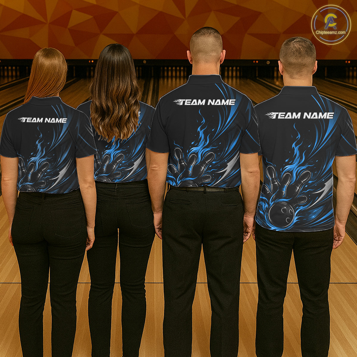 Custom Black And Blue Fire Flame Bowling Men Jerseys, Bowling League Polo Shirt IPHW10309