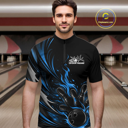Custom Black And Blue Fire Flame Bowling Men Jerseys, Bowling League Quarter-Zip Shirt IPHW10309