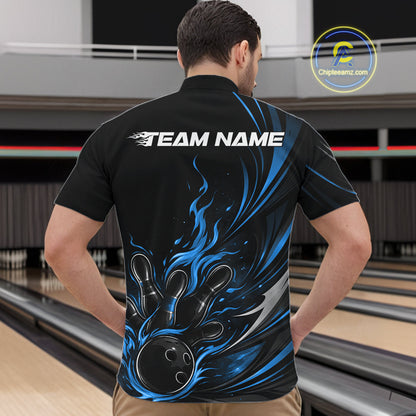 Custom Black And Blue Fire Flame Bowling Men Jerseys, Bowling League Quarter-Zip Shirt IPHW10309
