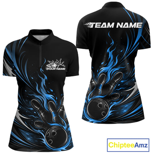 Custom Black And Blue Fire Flame Bowling Women Jerseys, Bowling League Quarter-Zip Shirt IPHW10309