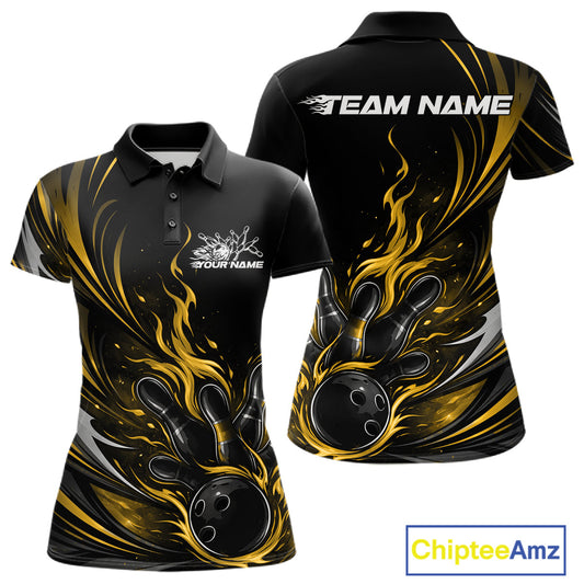 Custom Black And Yellow Fire Flame Bowling Women Jerseys, Bowling League Polo Shirt IPHW10310