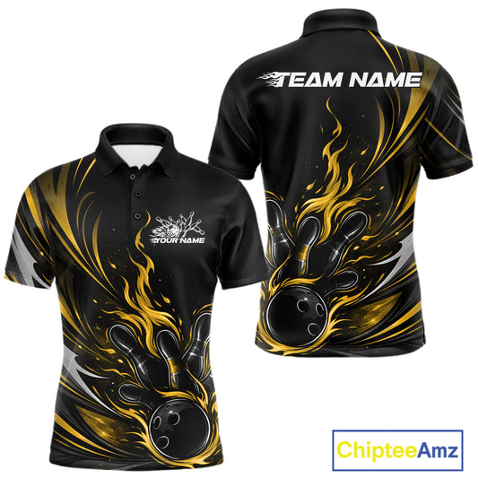 Custom Black And Yellow Fire Flame Bowling Men Jerseys, Bowling League Polo Shirt IPHW10310