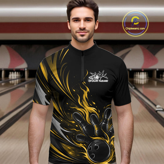 Custom Black And Yellow Fire Flame Bowling Men Jerseys, Bowling League Quarter-Zip Shirt IPHW10310