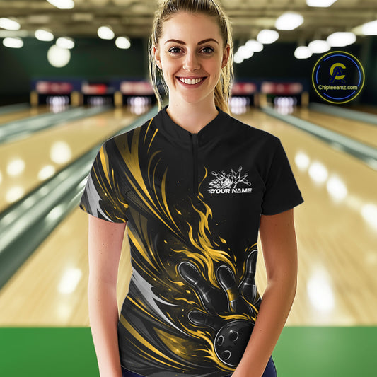 Custom Black And Yellow Fire Flame Bowling Women Jerseys, Bowling League Shirt IPHW10310