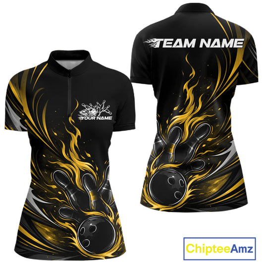 Custom Black And Yellow Fire Flame Bowling Women Jerseys, Bowling League Shirt IPHW10310