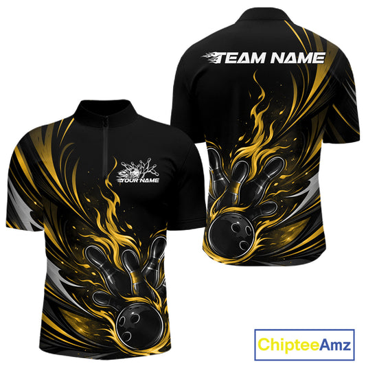 Custom Black And Yellow Fire Flame Bowling Men Jerseys, Bowling League Quarter-Zip Shirt IPHW10310
