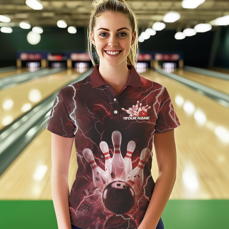 Custom Black And Red Thunder Lightning Bowling Polo Team Shirts For Women, Bowling Jerseys IPHW8514