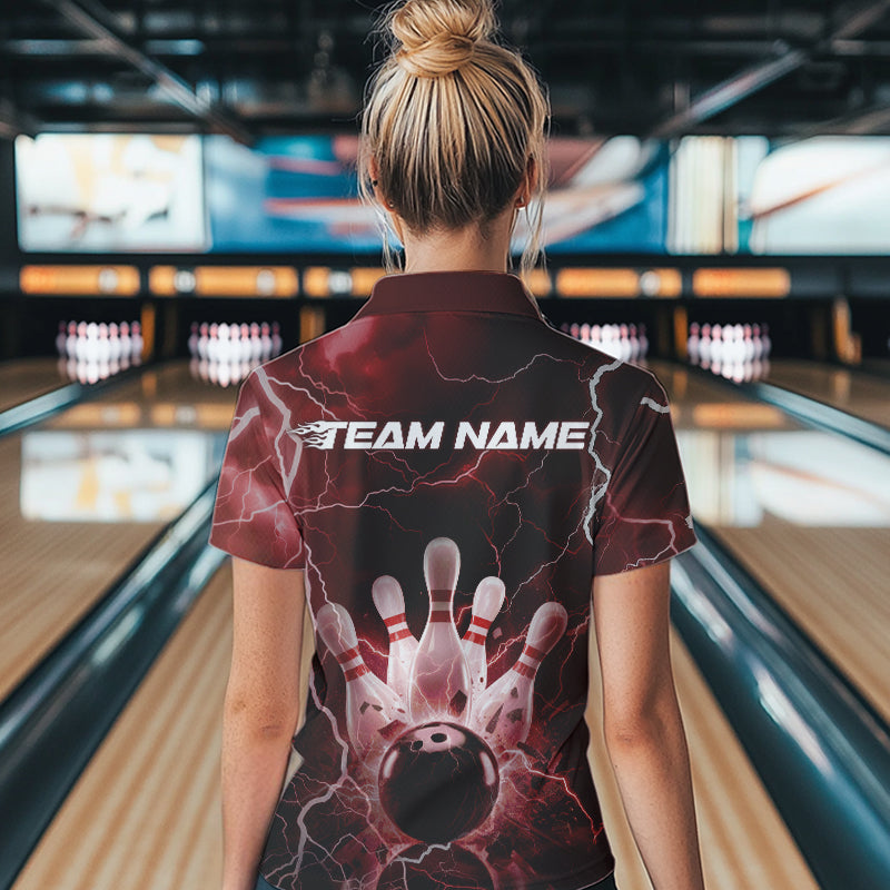 Custom Black And Red Thunder Lightning Bowling Polo Team Shirts For Women, Bowling Jerseys IPHW8514