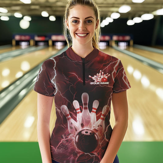 Custom Black And Red Thunder Lightning Bowling Quarter-Zip Shirt For Women, Bowling Jerseys IPHW8514