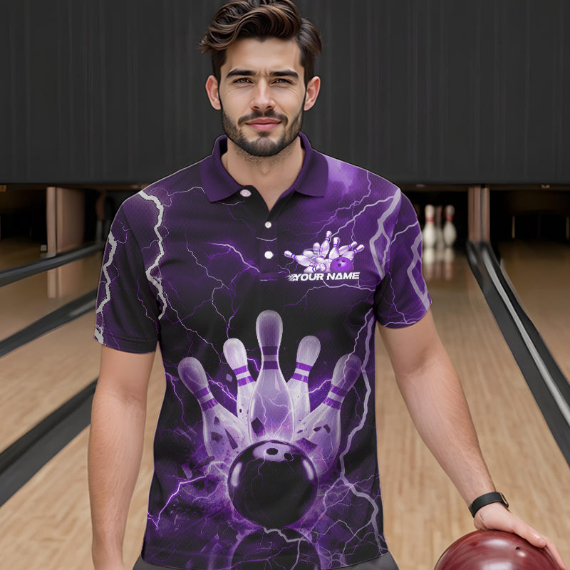 Custom Black And Purple Thunder Lightning Bowling Polo Team Shirts For Men, Bowling Jerseys IPHW8515