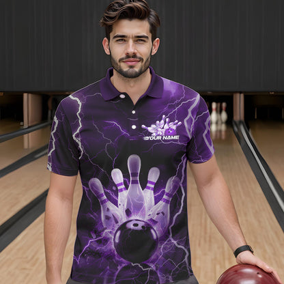 Custom Black And Purple Thunder Lightning Bowling Polo Team Shirts For Men, Bowling Jerseys IPHW8515