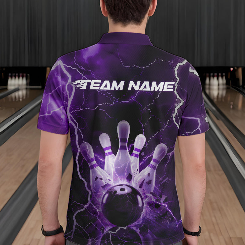 Custom Black And Purple Thunder Lightning Bowling Polo Team Shirts For Men, Bowling Jerseys IPHW8515