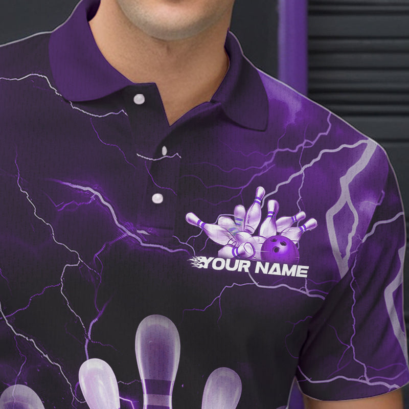 Custom Black And Purple Thunder Lightning Bowling Polo Team Shirts For Men, Bowling Jerseys IPHW8515