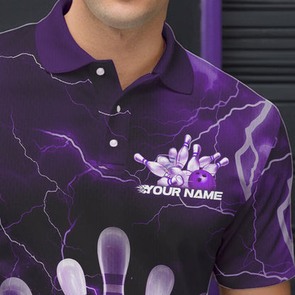 Custom Black And Purple Thunder Lightning Bowling Polo Team Shirts For Men, Bowling Jerseys IPHW8515