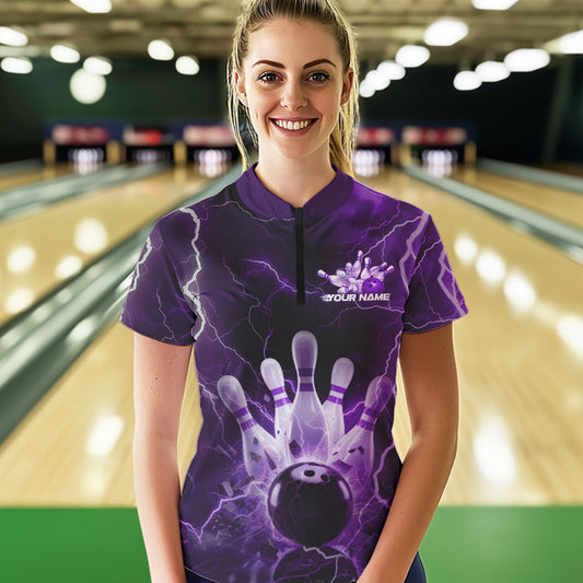 Custom Black And Purple Thunder Lightning Bowling Quarter-Zip Shirts For Women IPHW8515