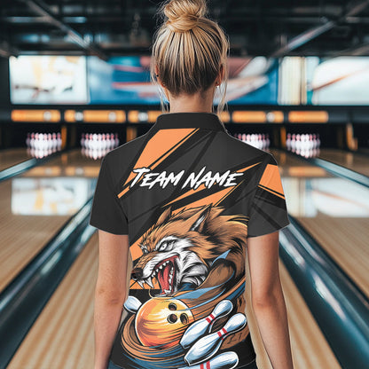 Custom Black And Orange Wolf Bowling Team Polo Shirts For Women, Wolf Bowling Jerseys IPHW8713