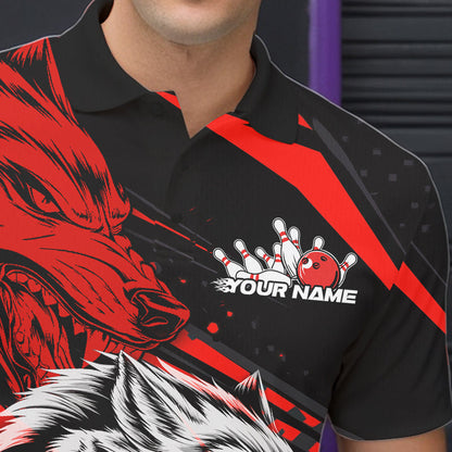 Custom Black And Red Wolf Bowling Men Polo Shirts, Wolf Bowling League Shirt Team Uniform IPHW8714