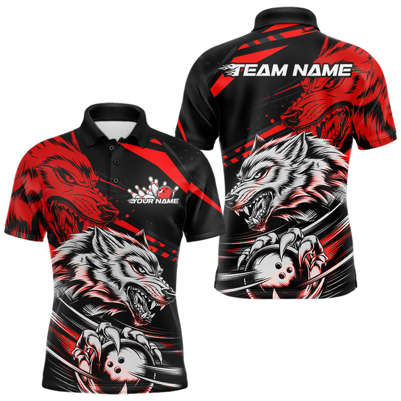 Custom Black And Red Wolf Bowling Men Polo Shirts, Wolf Bowling League Shirt Team Uniform IPHW8714