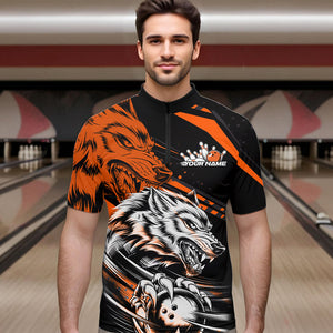 Custom Black And Orange Wolf Bowling Men Quarter-Zip Shirts, Wolf Bowling League Shirt Team Uniform IPHW8715