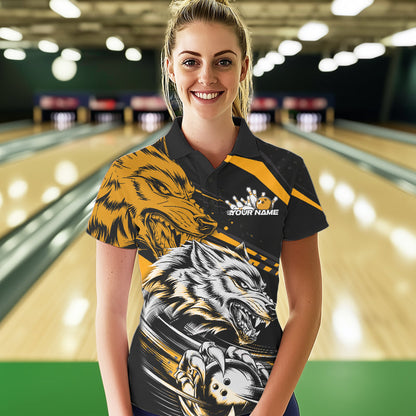 Custom Black And Yellow Wolf Bowling Women Polo Shirts, Wolf Bowling League Team Shirt IPHW8716