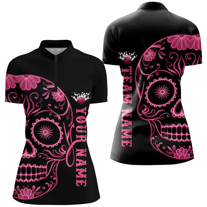 Pink Sugar Skull Tattoo Custom Ladies Team Bowling Polo Shirts, Halloween Team Bowling Jerseys IPHW6712