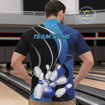 Custom Black And Blue Bowling Jerseys, Men Bowling Quarter-Zip Shirt Team Uniform IPHW9226