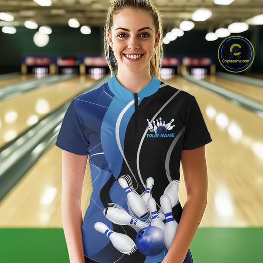 Custom Black And Blue Bowling Jerseys, Women Bowling Quarter-Zip Shirt Team Uniform IPHW9226
