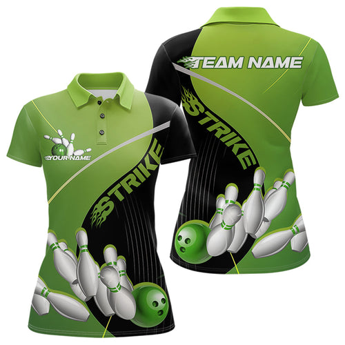 Custom Black And Green Strike Bowling Polo Shirts For Women, Bowler Outfit Team Jerseys IPHW9228