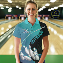 Load image into Gallery viewer, Custom Black And Blue Strike Bowling Polo Shirts For Women, Bowler Outfit Team Jerseys IPHW9229