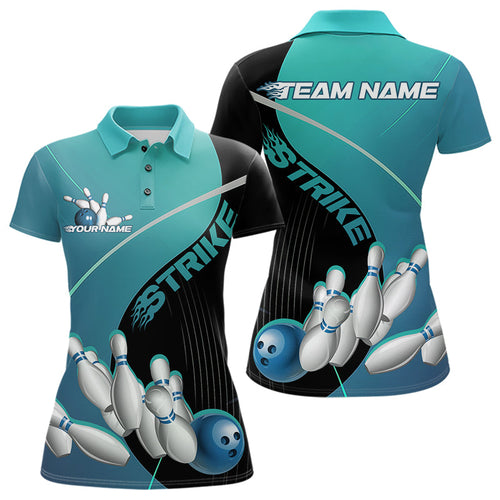 Custom Black And Blue Strike Bowling Polo Shirts For Women, Bowler Outfit Team Jerseys IPHW9229