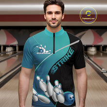 Load image into Gallery viewer, Custom Black And Blue Strike Bowling Quarter-Zip Shirts For Men, Bowler Outfit Team Jerseys IPHW9229