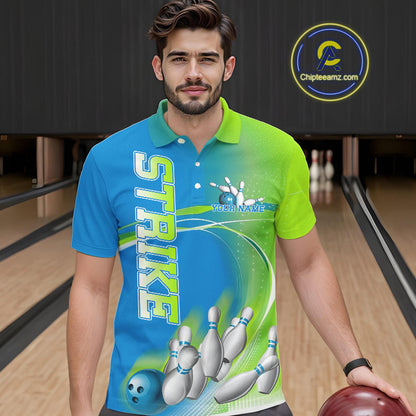 Custom Blue And Green Strike Bowling Polo Shirts For Men, Strike Bowling Team Jersey IPHW9234