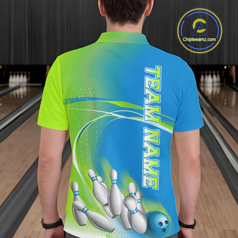 Custom Blue And Green Strike Bowling Polo Shirts For Men, Strike Bowling Team Jersey IPHW9234