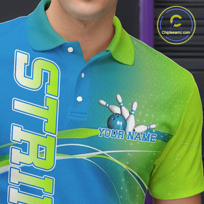 Custom Blue And Green Strike Bowling Polo Shirts For Men, Strike Bowling Team Jersey IPHW9234