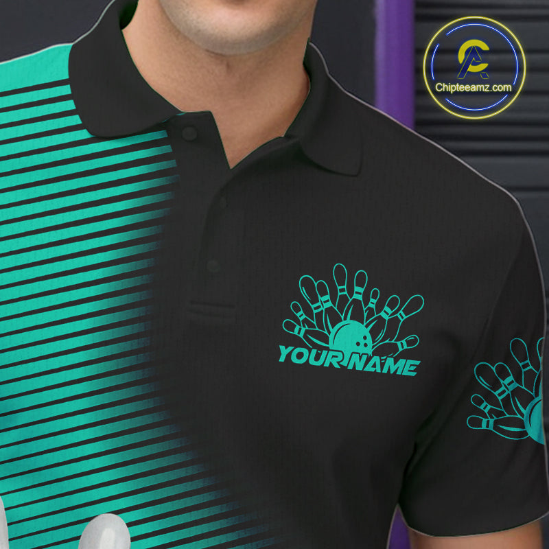 Custom Black And Ball Blue Bowling Polo Shirts For Men, Blue Bowling Jerseys IPHW9402