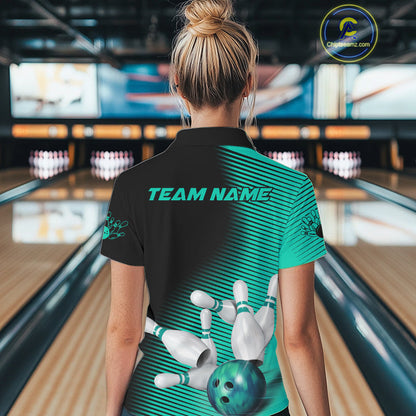 Custom Black And Ball Blue Bowling Polo Shirts For Women, Blue Bowling Jerseys IPHW9402