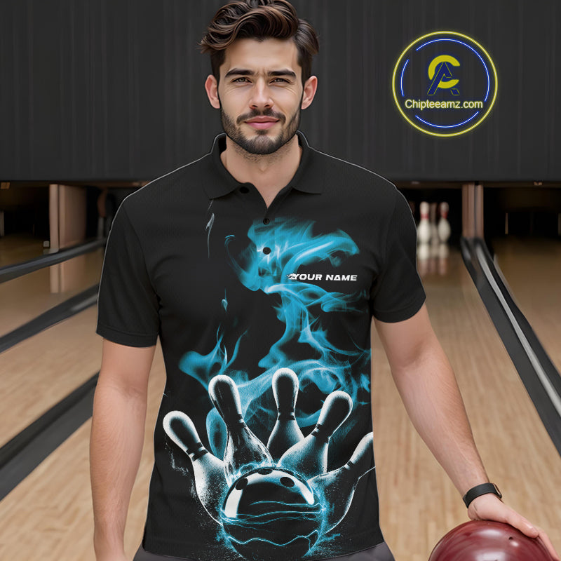 Custom Blue Smoke Bowling Polo Team Shirts For Men, Flame Bowling League Shirt IPHW9565