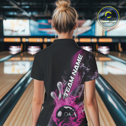 Custom Pink Flame Strike Bowling Team Polo Shirts For Women, Fire Bowling Jerseys IPHW9573