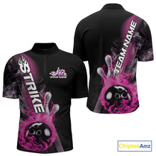 Load image into Gallery viewer, Custom Pink Flame Strike Bowling Team Quarter-Zip Shirts For Men, Fire Bowling Jerseys IPHW9573