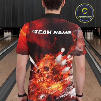 Custom Fire Flame Skull Bowling Polo Shirts For Men, Halloween Bowling Outfits IPHW9575