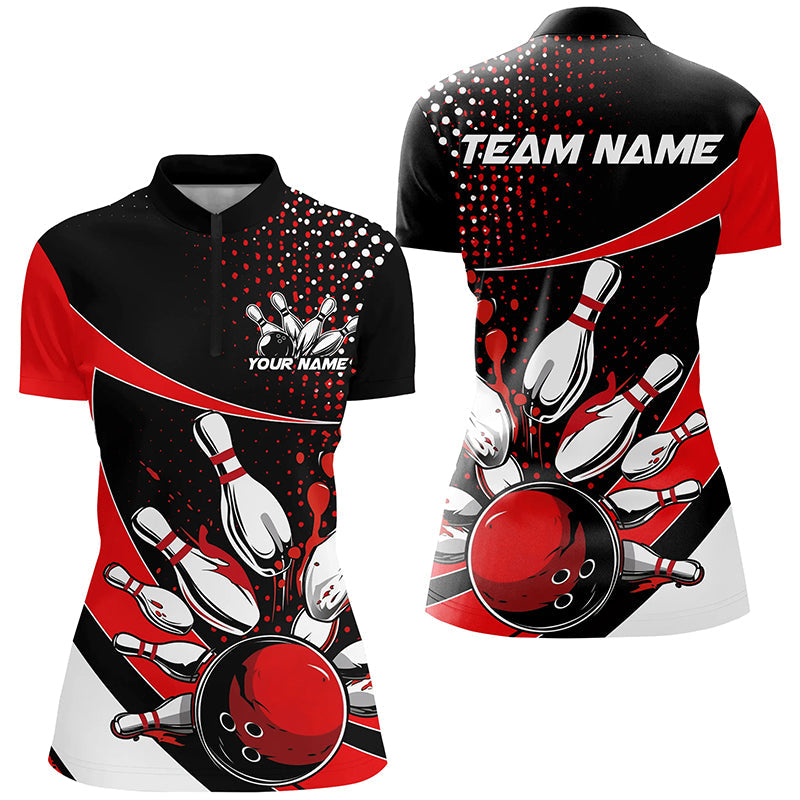 Black And Red Custom Bowling Uniforms Bowling Shirts For Women, Bowling Team League Shirts IPHW7282